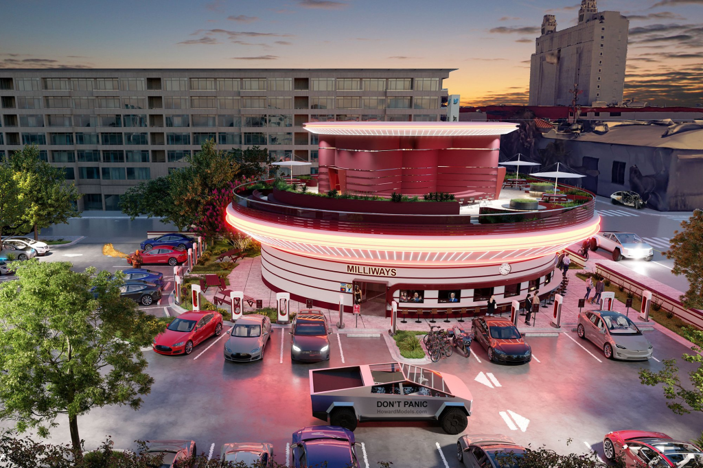 Renders of the Tesla Drive-In provided by Howard Models.