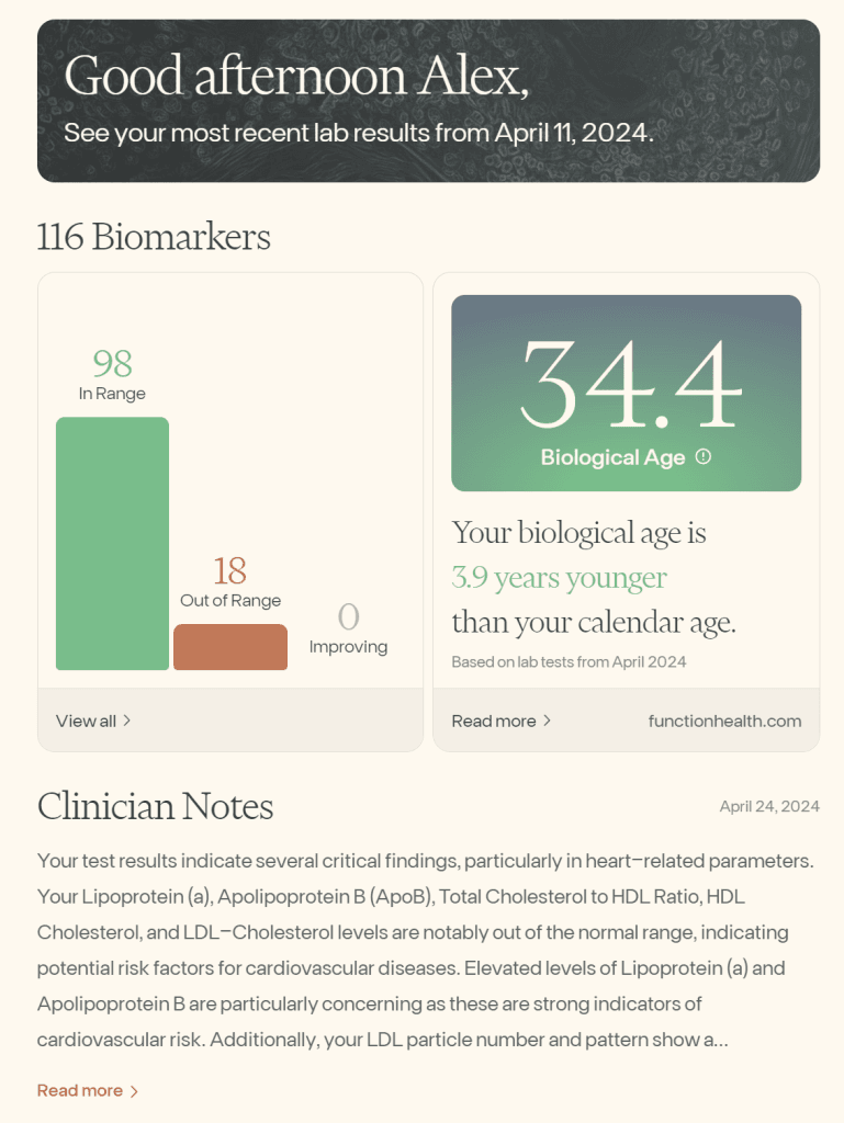 A comprehensive Function Health Review showing my key metrics from my personal test.